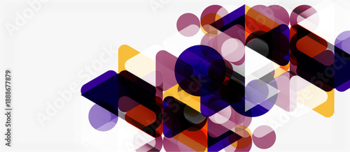 Abstract geometric shapes overlap, creating vibrant color patterns. Purple, orange, red hues dominate design. Minimalist background enhances visual impact.