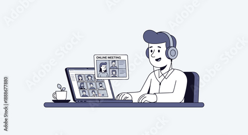 Man participates in a virtual online meeting with multiple participants on his laptop screen