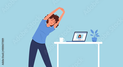 Woman stretching beside a laptop with a video call on screen, promoting wellness at home or office