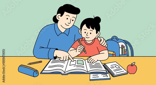 Parent patiently guiding a child with homework at a table with books and school supplies