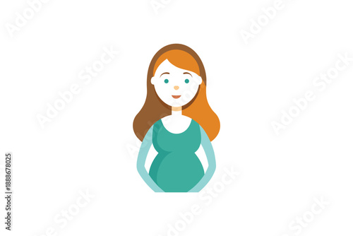 Pregnant woman with long brown and orange hair in a teal top on a white background