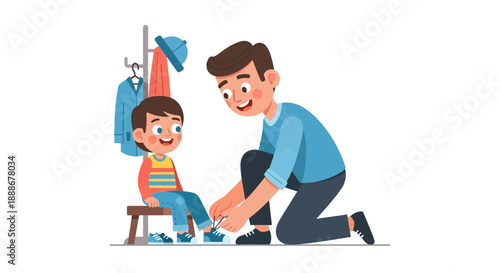 Father and Son Tying Shoes Together Indoors