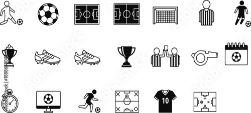 Soccer icon set, black and white illustrations of gameplay, equipment, strategy, referee actions, jersey number 10, isolated on white background