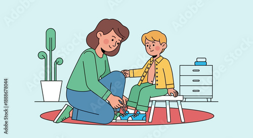 Mother teaching her son how to tie his shoelaces in a warm and nurturing home environment