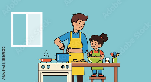 Father and child happily cooking together in a kitchen, a heartwarming bonding activity.