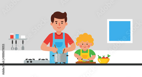 Father and child happily cooking together in a colorful kitchen, sharing a delightful meal preparation activity.