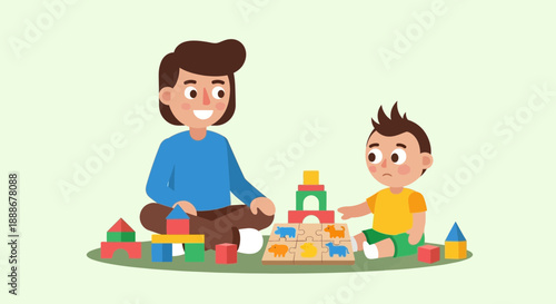 Parent and child engaged in playful learning with blocks and puzzles