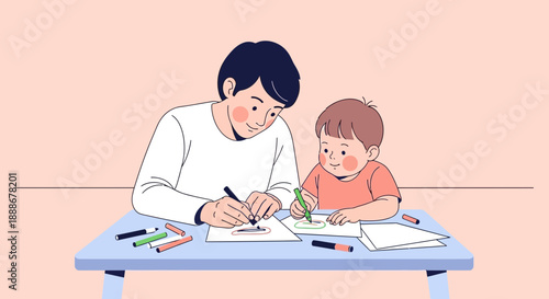 Father and child drawing together at a table, fostering creativity and learning.