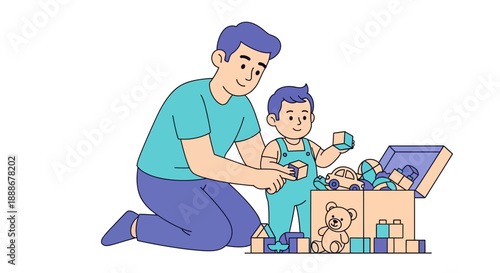 A father and his young son playing with colorful building blocks and toys, enjoying quality time together
