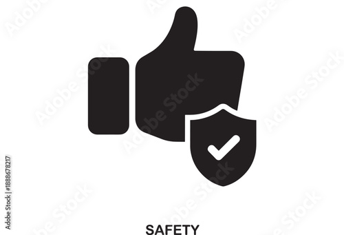 Black filled icon of a thumb up symbol next to a shield with a white checkmark, representing safety and approval, isolated on white.