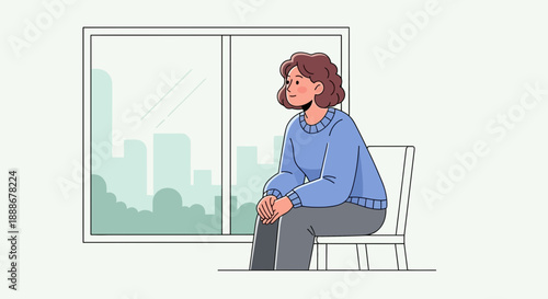 Woman sitting by the window, looking out at the cityscape, appearing thoughtful and relaxed.