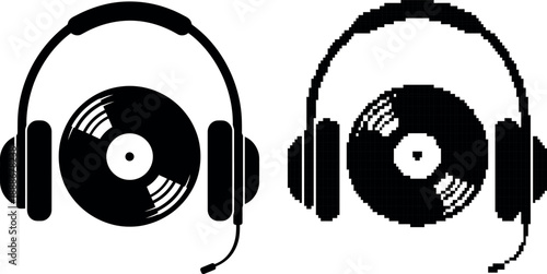 Black silhouette of headphones integrated with a vinyl record on transparent background