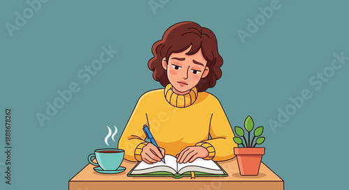 A young woman wearing a yellow sweater sits at a desk writing in a notebook with a cup of coffee beside her.