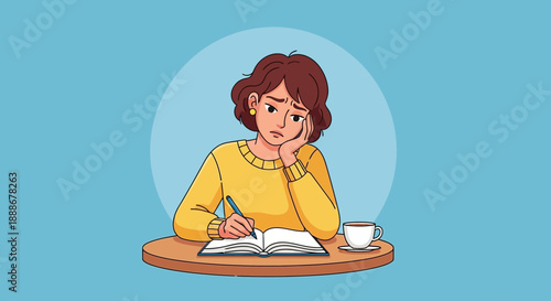 Bored and frustrated woman writing in a notebook at a table with coffee