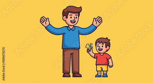 Father and child happily playing with a puzzle piece, representing family bonding and childhood joy