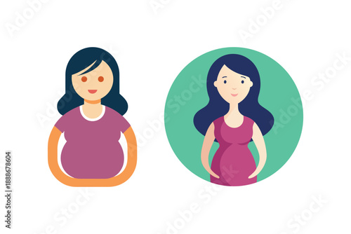 Two cartoon style pregnant women in purple and pink shirts on a white background