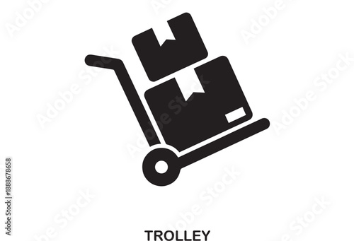 Black flat design icon of a hand truck loaded with two cardboard boxes, symbolizing delivery and logistics services