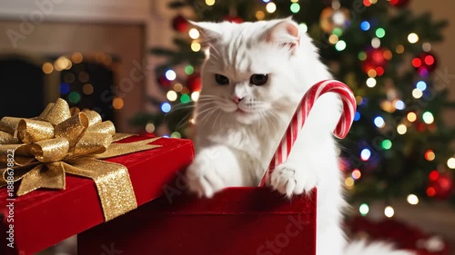 White Cat Peeking from Christmas Gift Box - A fluffy white longhair cat is peeking out from a red gift box, holding a peppermint candy cane.