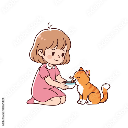 Cute Girl Feeding Orange Tabby Cat with Bowl, Cartoon Illustration