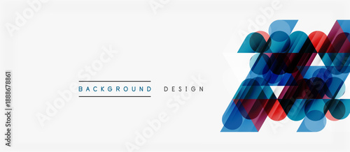 Abstract geometric shapes overlap, creating vibrant modern background design. Blue, red hues dominate white space.