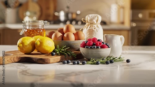 Kitchen Ingredients on Marble Countertop - A bright kitchen scene features fresh ingredients on a white marble countertop, including lemons, eggs, blueberries, raspberries, and flour.