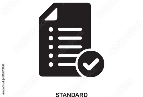 Solid black icon representing a document with a checklist and a prominent checkmark in a circle, symbolizing approval or a standard.