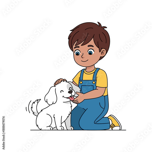 Cute boy petting a happy white puppy, best friends, childhood joy