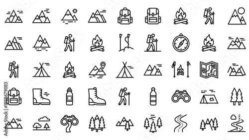 Camping Icons Set Line Art Style.