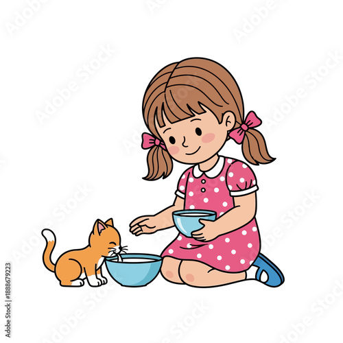 Cute cartoon girl feeding milk to a small orange kitten