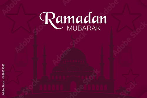 Ramadan Mubarak Islamic Greeting with Mosque Silhouette on Red Background.