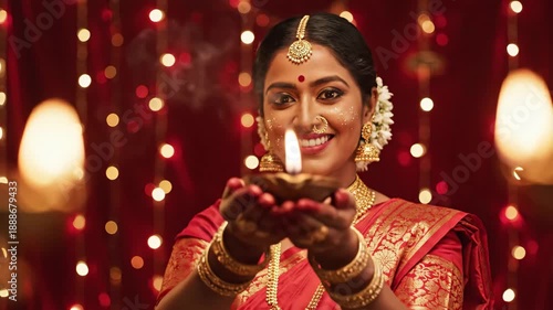 Woman Celebrating Diwali with Diya Lamp - A beautiful woman in traditional attire holds a lit diya lamp, celebrating the Hindu festival of Diwali.