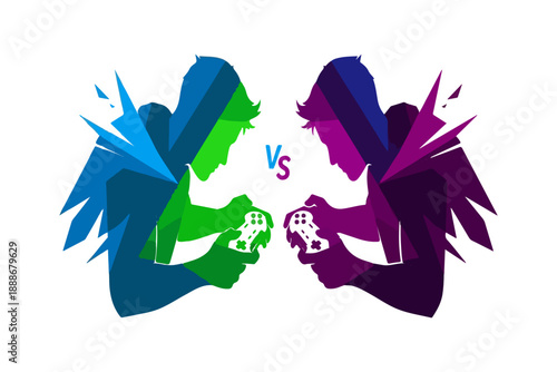 Intense video game battle between two stylized gamers, a vibrant competition