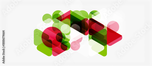 Abstract geometric shapes overlap, creating vibrant color blends. Red, green, pink hues dominate composition. Modern design element.