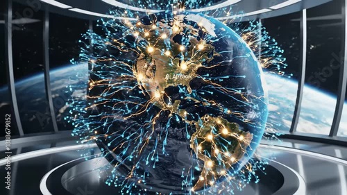 AI Network Connections around Earth - This video shows a globe with North America prominently displayed, surrounded by glowing nodes connected by streams of light, representing a global network.