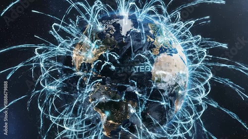 Global Strategy Earth Connections - This video depicts Earth with glowing data streams emanating from various points on its surface, symbolizing global connections.