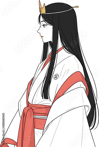 Traditional royal character illustration, side profile, white robe with red accents, golden crown, cultural attire design, black hair, isolated on white background