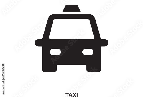 Simple black and white vector icon of a taxi car with a light on top, symbolizing urban transport and city services.