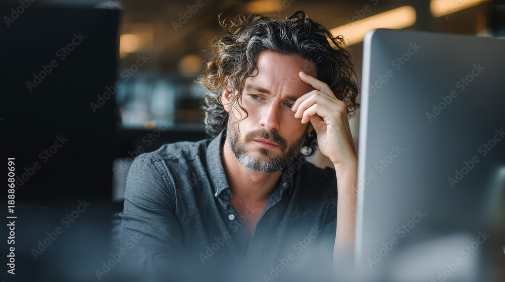 © Lumi Stock Studio - A worried male professional sitting at his desk, leaning his head on his hand while looking at a computer screen, depicting deep thought, stress, or a difficult business decision
