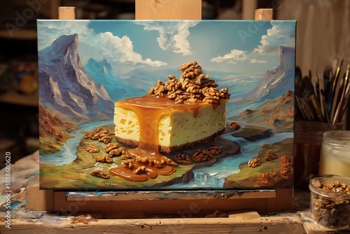 Oil painting depicts a slice of dessert with nuts and glaze set against a fantastical landscape
