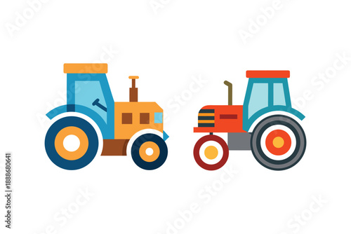 Illustration of two colorful tractors, one orange and blue, other red and blue, on white background