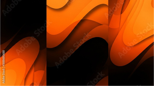 Abstract orange and black wavy lines in a triptych design, viewed from a straight-on perspective, showcasing graphic elements in a modern style