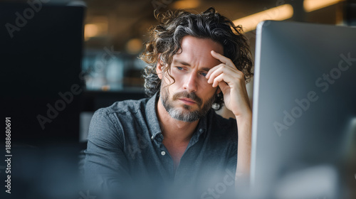 A worried male professional sitting at his desk, leaning his head on his hand while looking at a computer screen, depicting deep thought, stress, or a difficult business decision