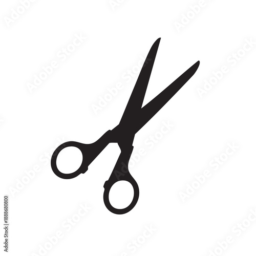 Sharp metal scissors icon in silhouette, representing cutting, crafting, tailoring, sewing, paper cutting, hairdressing, and office supplies, symbol of precision and sharp edge
