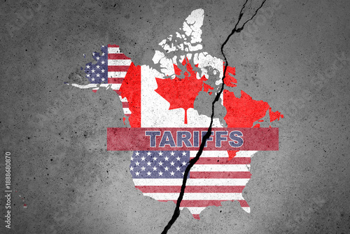 Canada and USA flags map painted on the concrete wall with word TARIFFS. Duty, trade, customs and tariffs war