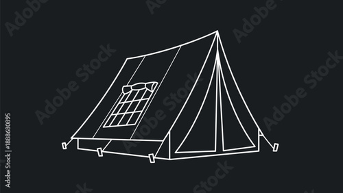 White line art illustration of a classic camping tent set against a dark background for outdoor adventure and travel themes.
