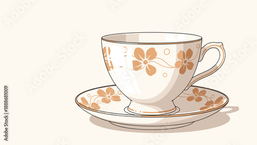Delicate porcelain teacup and saucer set featuring orange floral motifs and warm shadows on a light background.