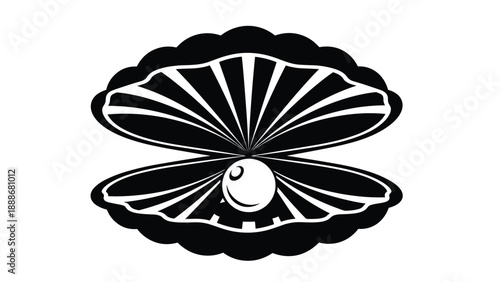 Graphic black and white silhouette of an open seashell revealing a beautiful white pearl inside its center.