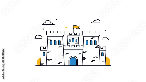 Clean line art illustration of a castle fortress with blue towers and a yellow flag under a clear sky.