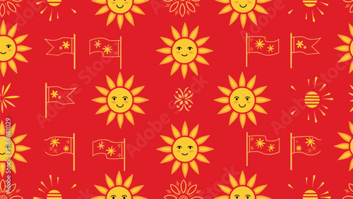 Cheerful seamless pattern of smiling yellow suns and decorative flags on a bright red background for festive themes.