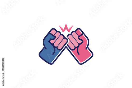 Two cartoon fists, one blue and one pink, bumping together with a red starburst design